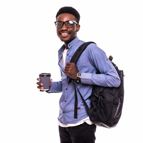 Portrait of a smiling african american male college student walking